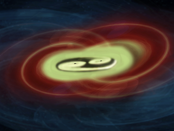 Zwaartekrachtgolven ontstaan door heftoge kosmische gebeurtenissen, zoals botsende zwarte gaten. (beeld: ESA) 