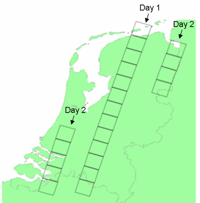 Aangepaste 2-daagse opname planning in de periode 27 mei - 27 juli 2013 [beeld: Astrium]